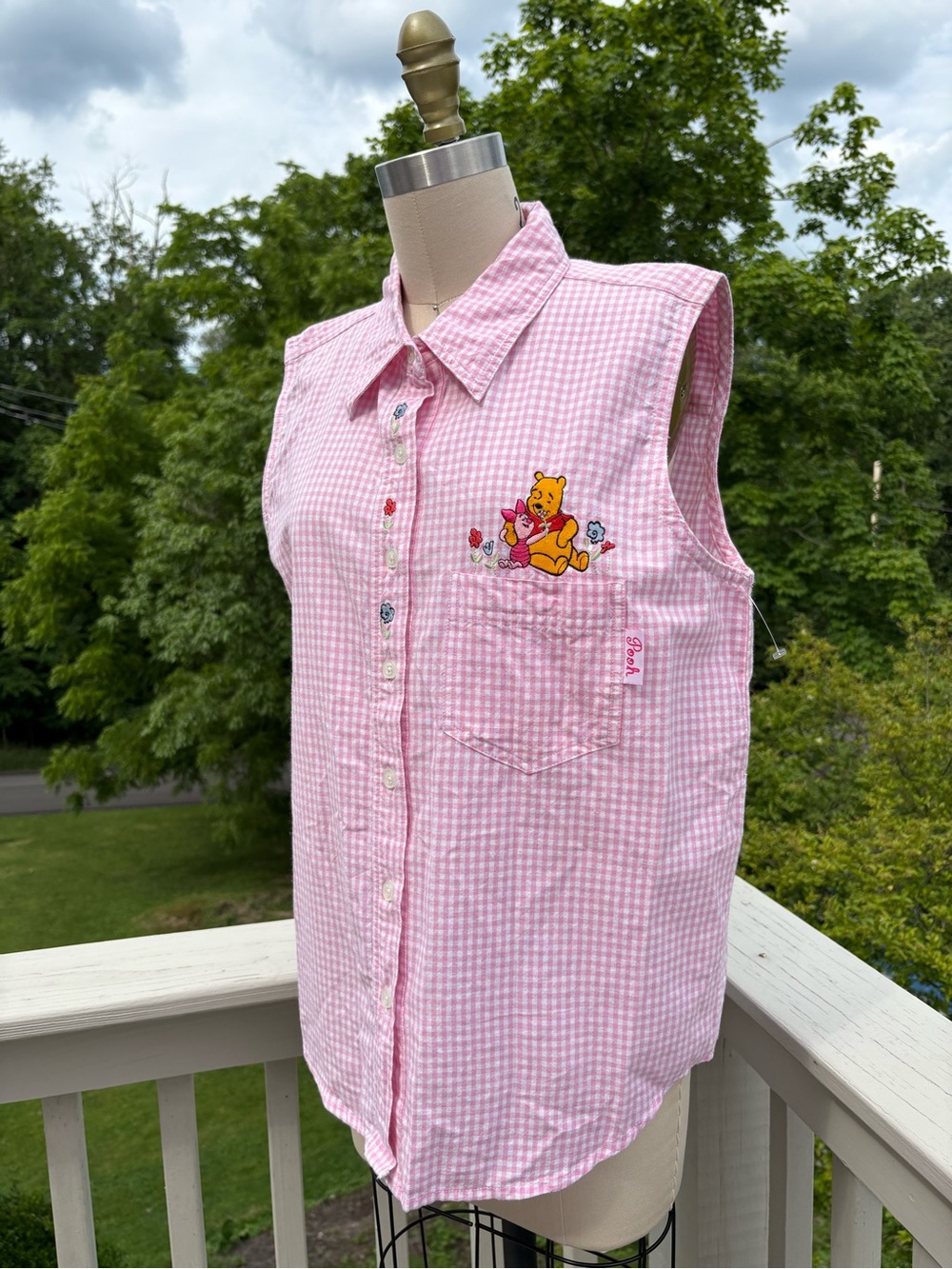 Vintage Winnie the Pooh Piglet Pink Gingham Top Large 90s Y2K Cottagecore Disney - Picture 6 of 12